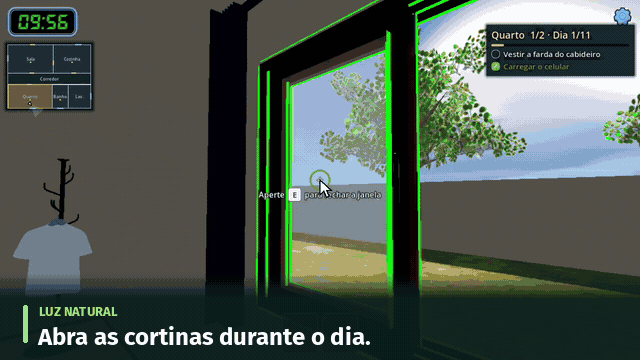 Gameplay da Casa Eficiente: abrir cortinas, aproveitar a luz natural e evitar desperdício nos cômodos.