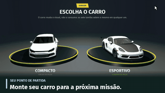 Gameplay do Energia em Rota: escolher a energia do carro e observar consumo e autonomia no trajeto.